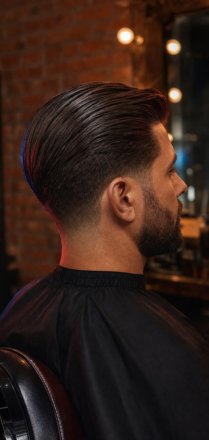 Moderner Slick-back-Haarschnitt mit präzisem Bart