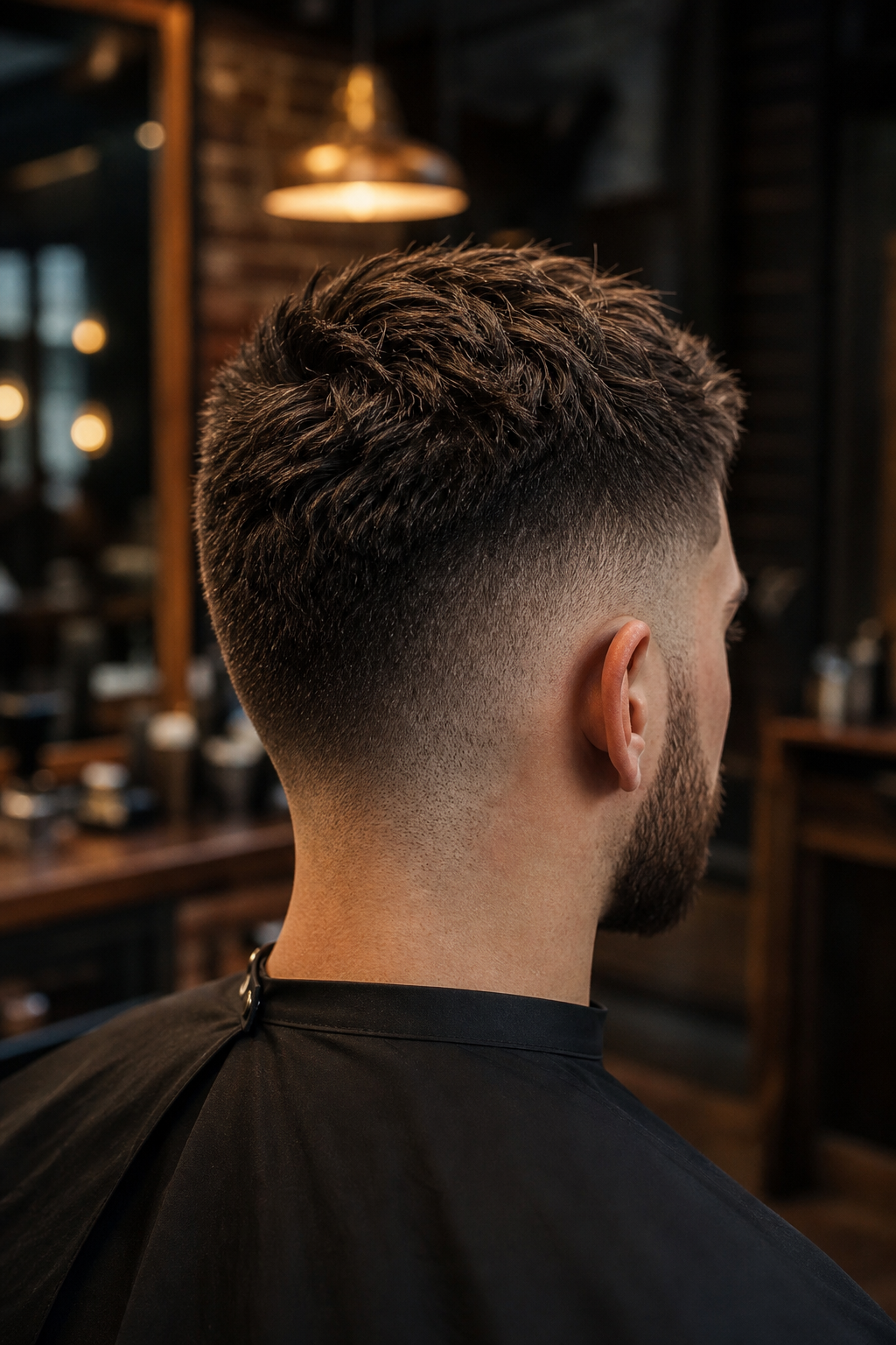 Texturierter Haarschnitt mit sauberem Mid Fade